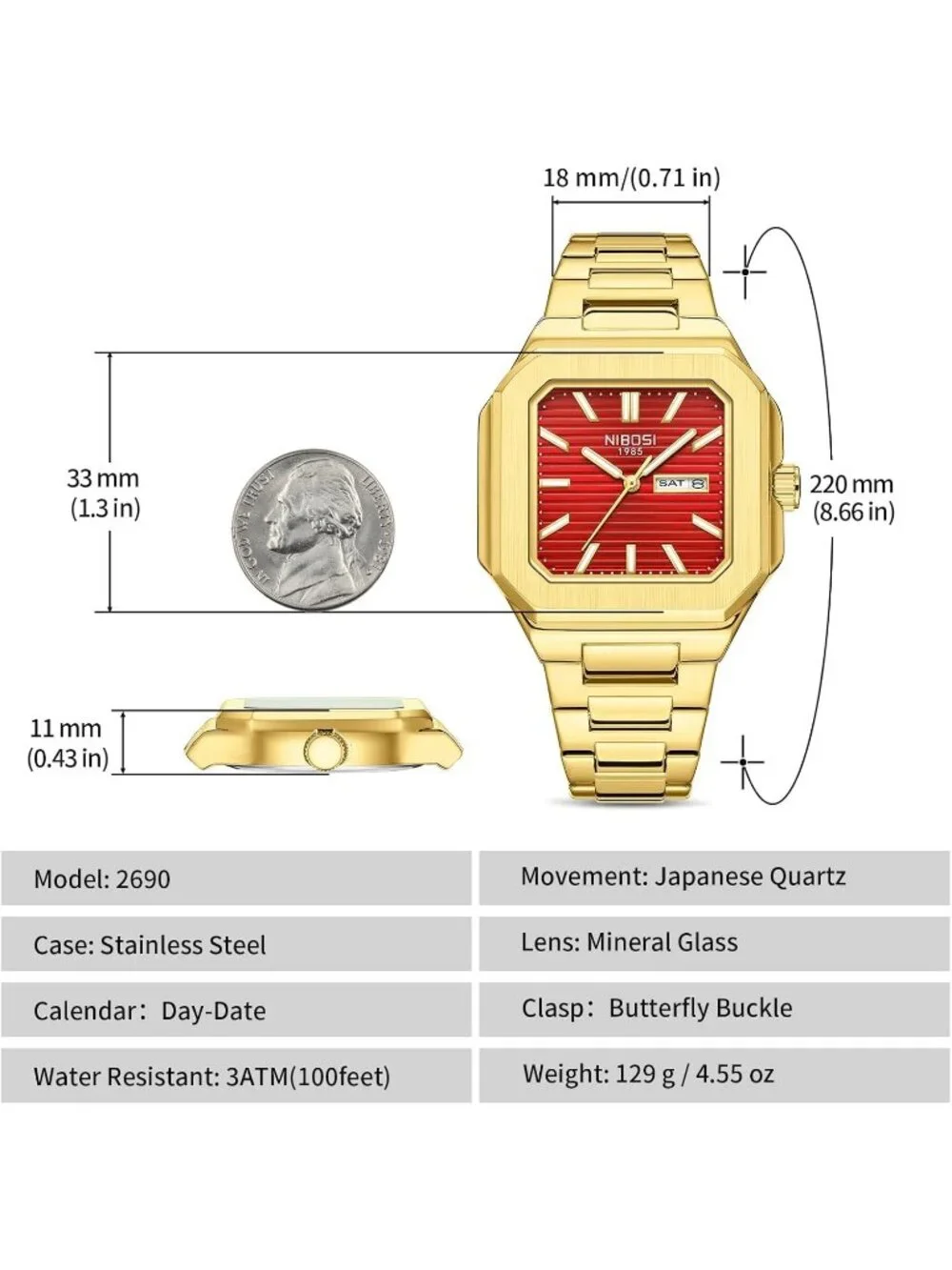 Nibosi Men's Gold Red Analog Quartz Stainless Steel Waterproof Date Square Watch